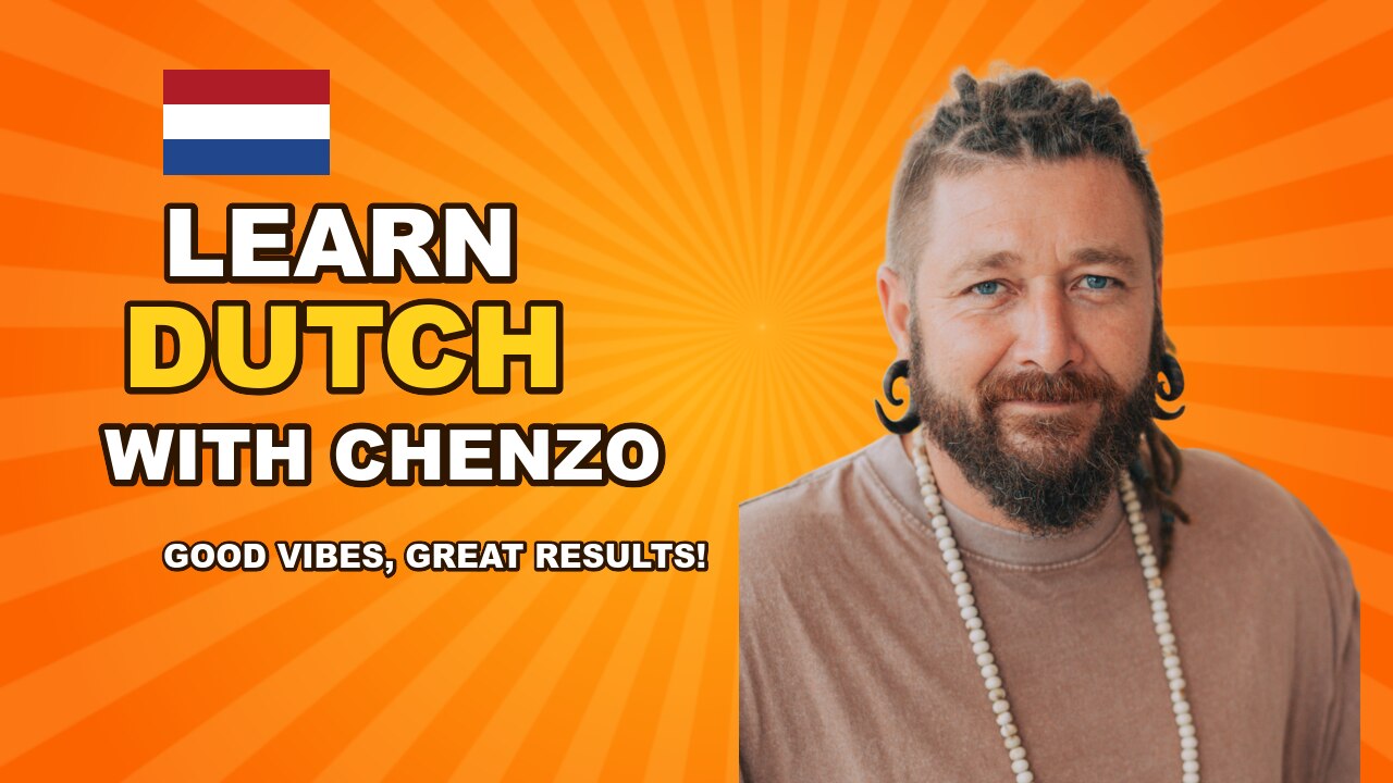 Chenzo, a smiling Dutch teacher, beside the words Learn Dutch with Chenzo and a Dutch flag